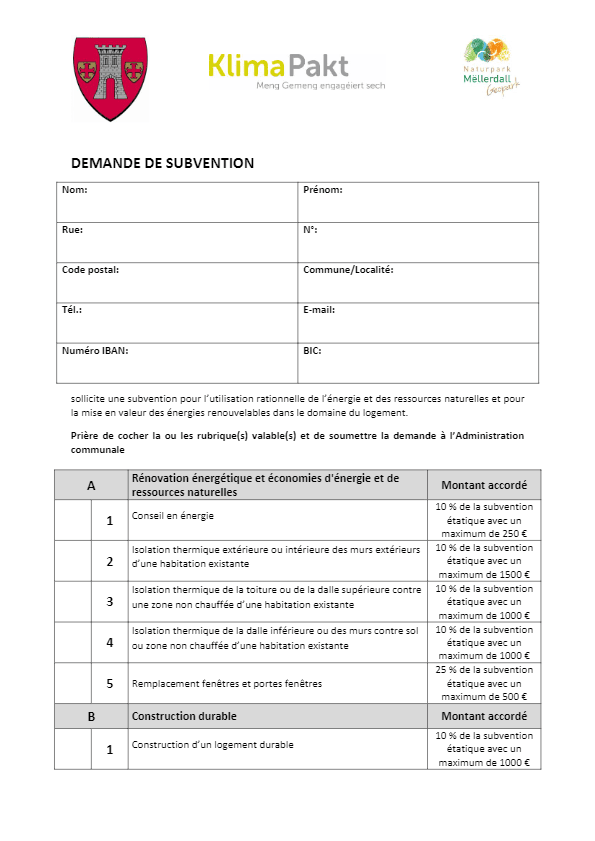 Formulaire demande subvention régime d'aides financières, utilisation rationnelle de l'énergie, mise en valeur