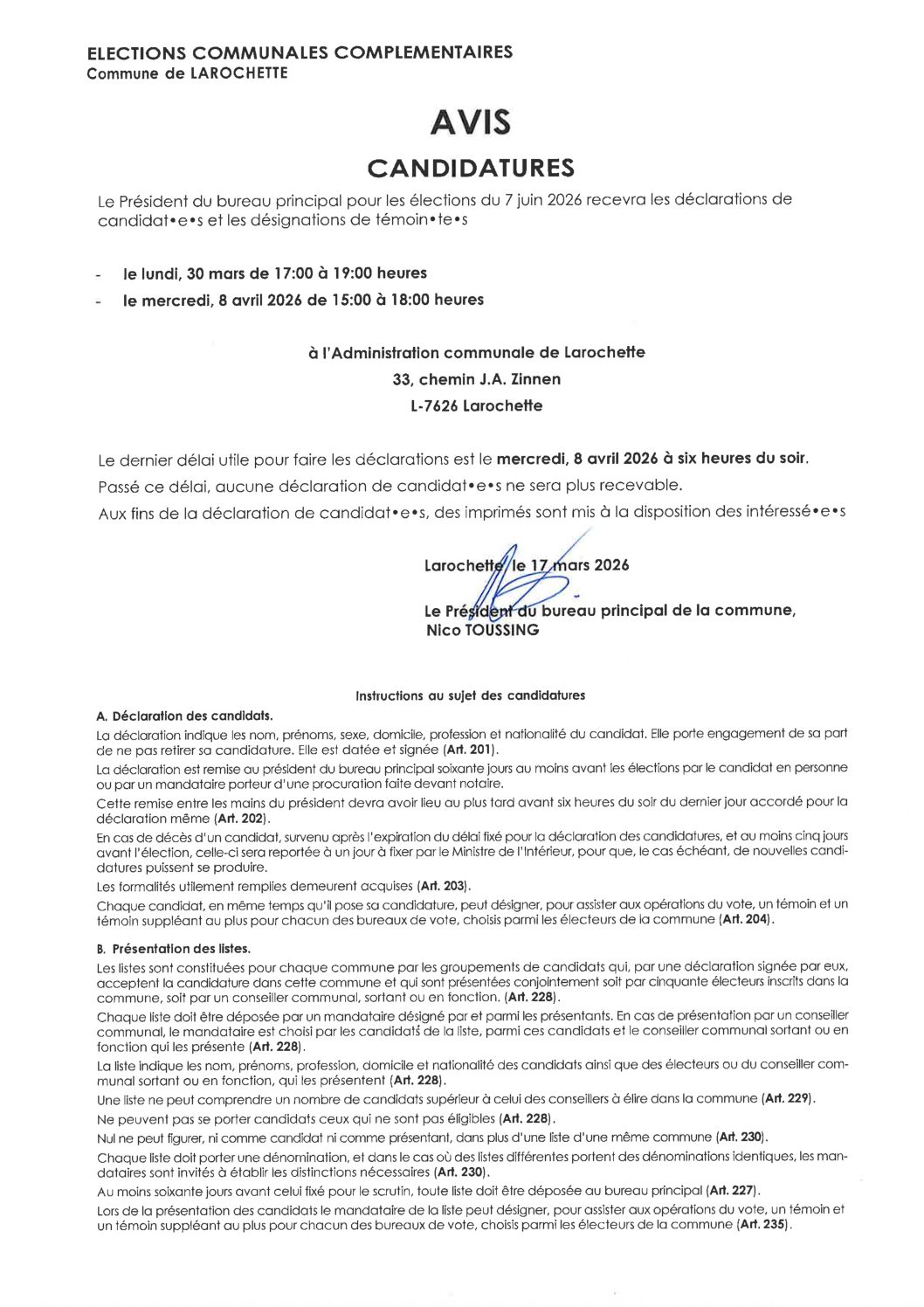 Avis - Candidatures élections complémentaires