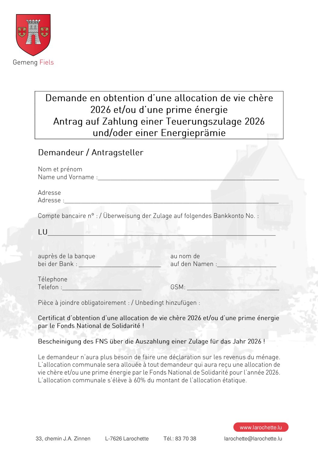 Formulaire de demande Allocation de vie chère 2026