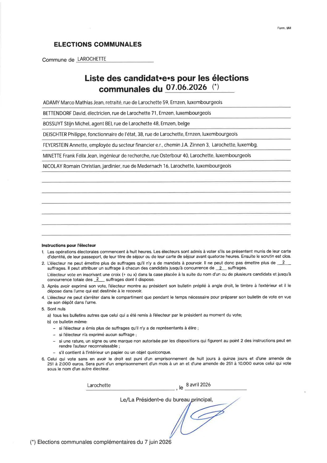 Liste des candidats élections complémentaires