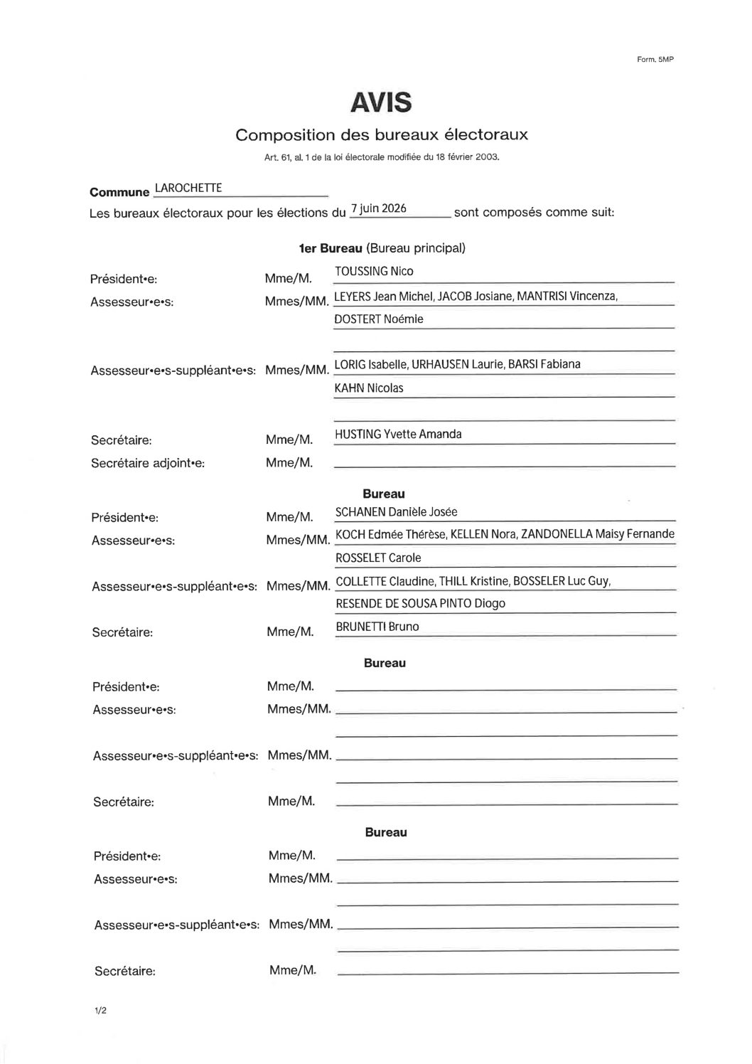 Avis - Composition des bureaux électoraux