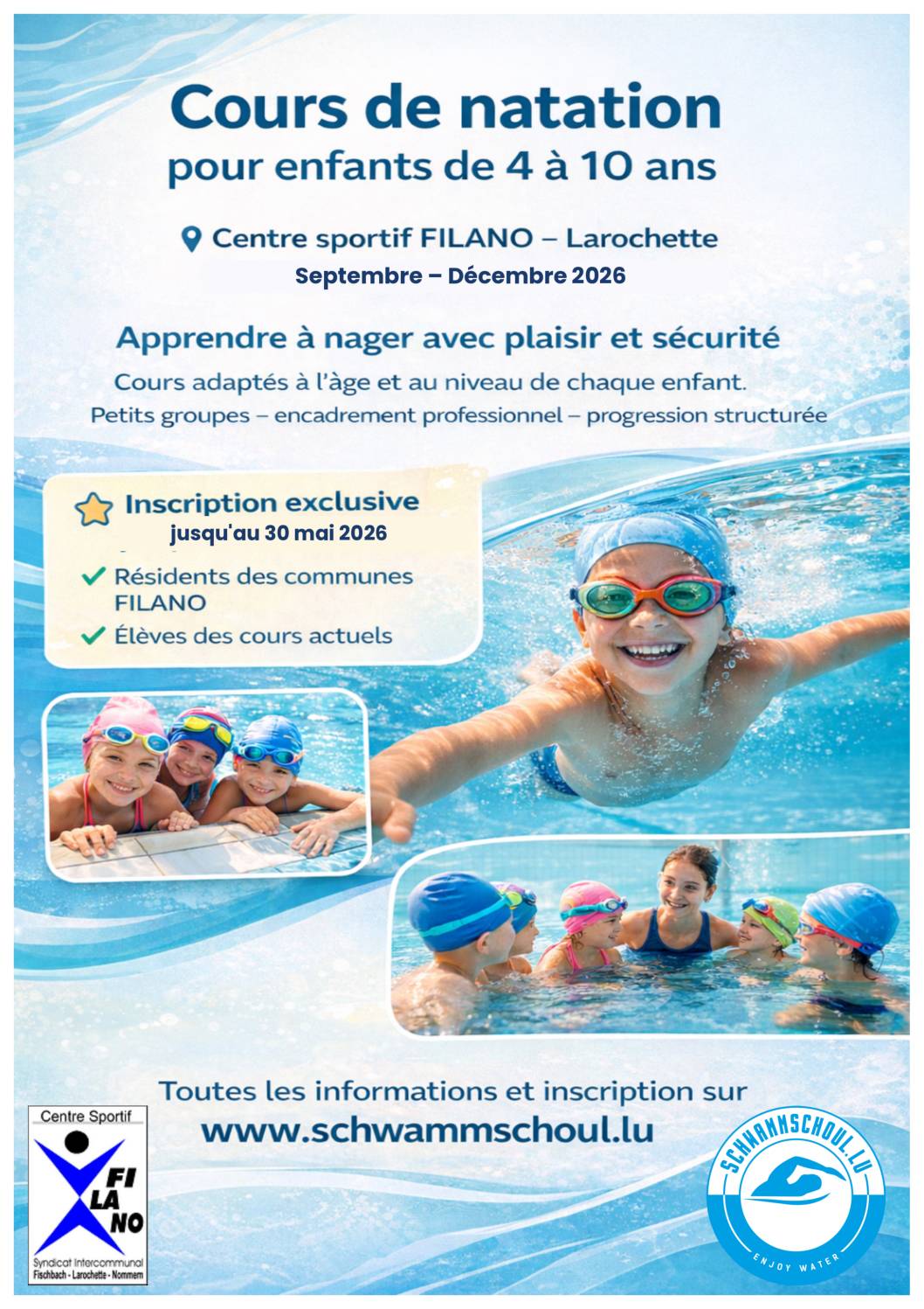 Cours de natation pour enfants de 4 à 10 ans au centre sportif FILANO