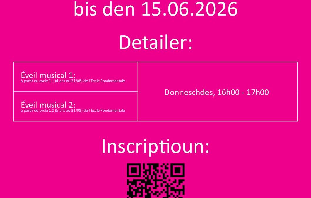 UGDA Musikschoul: Nach Plazen am Eveil musical disponibel. Schreift Iech bis den 15. Juni an!