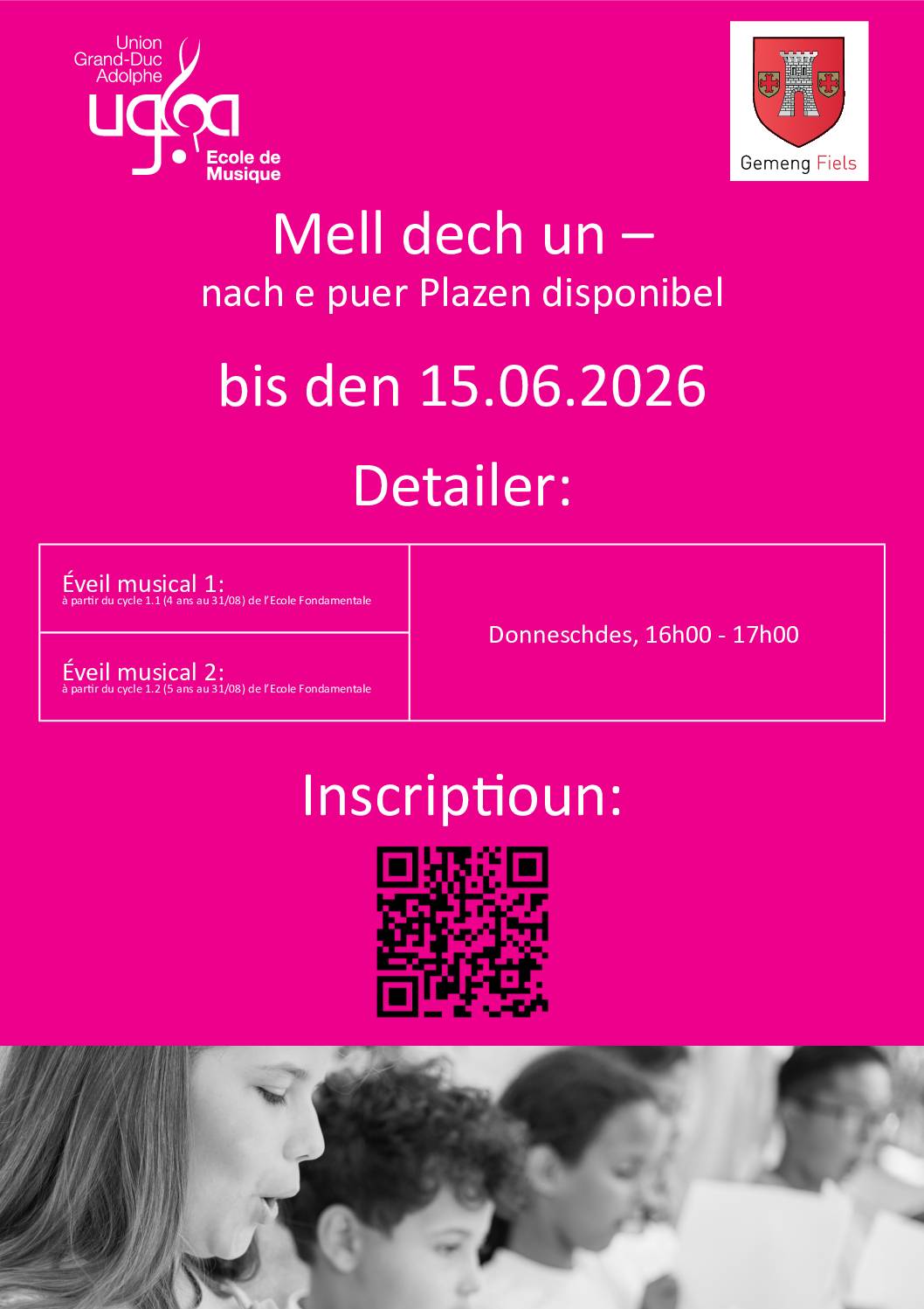 UGDA Musikschoul: Nach Plazen am Eveil musical disponibel. Schreift Iech bis den 15. Juni an!