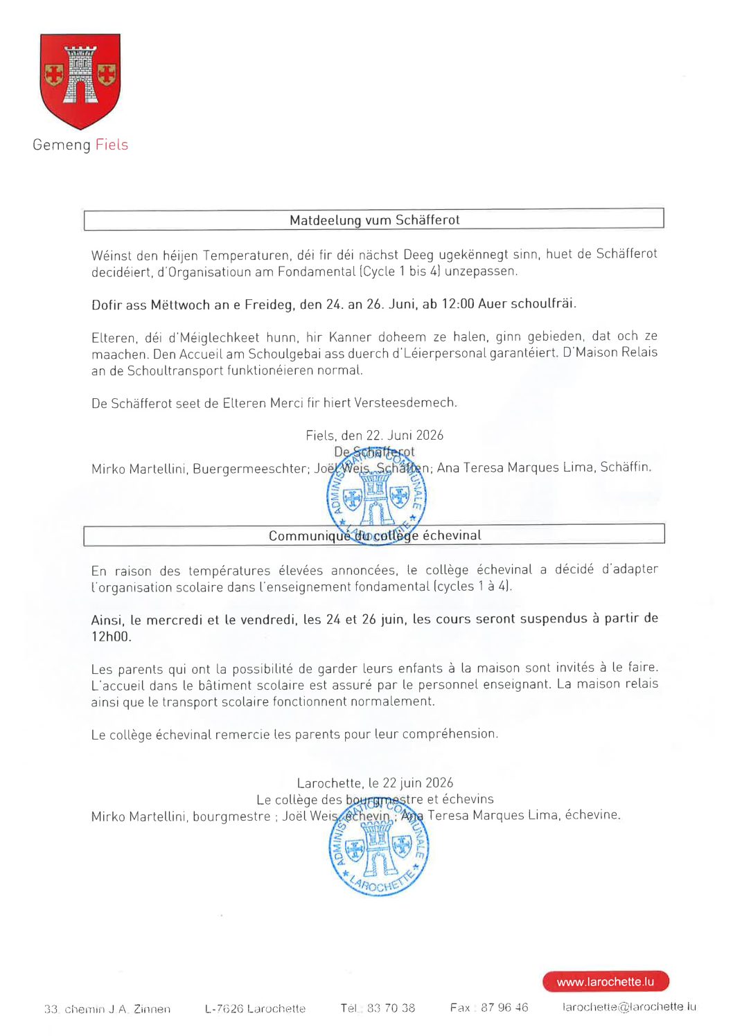 Ecole fondamentale de Larochette: Canicule / Adaptation des horaires scolaire