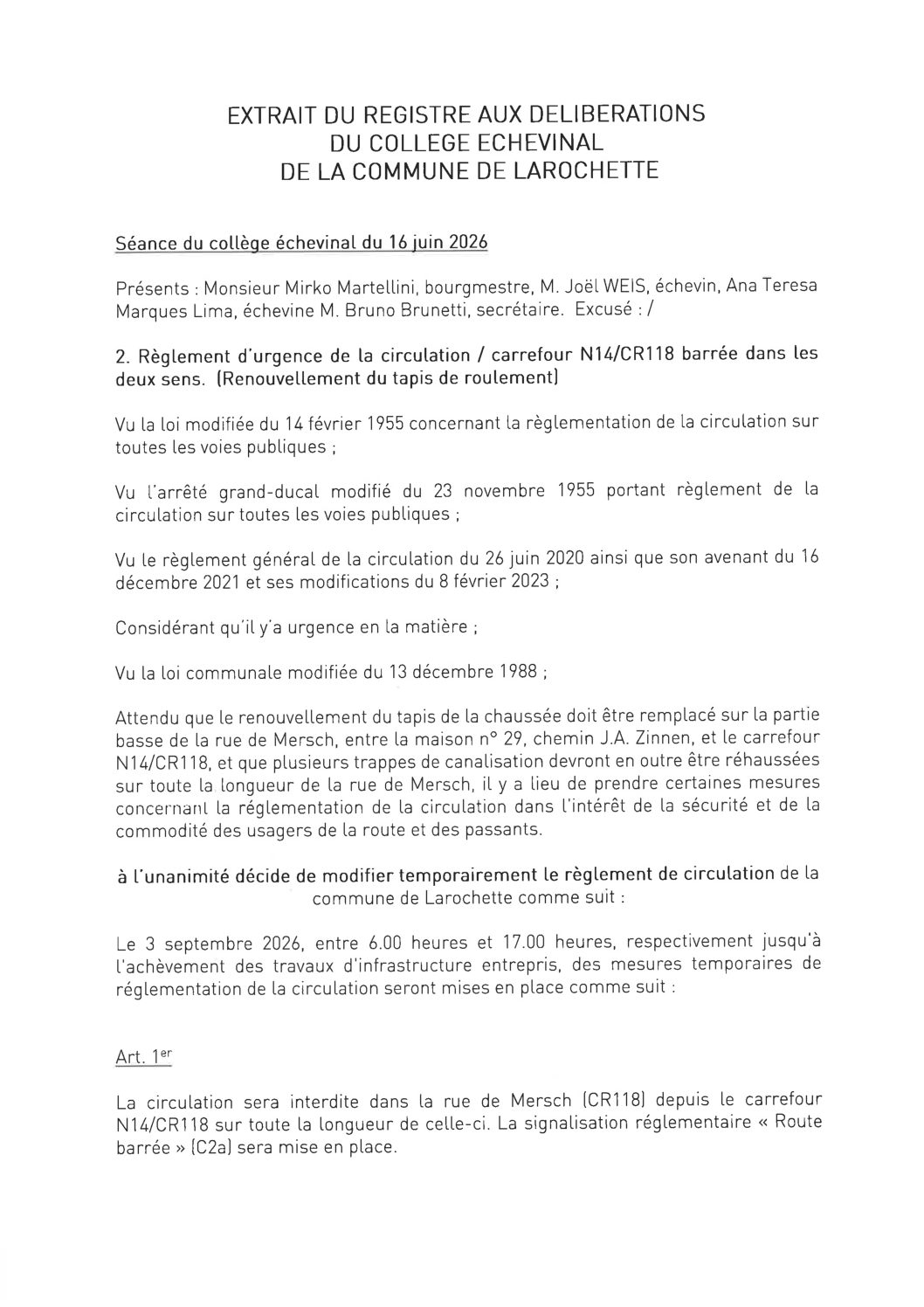 Règlement d'urgence de la circulation Gemeng Fiels september 2026