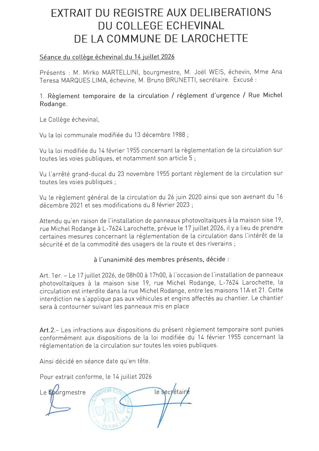 Règlement temporaire de la circulation Gemeng Fiels 17.07.2026